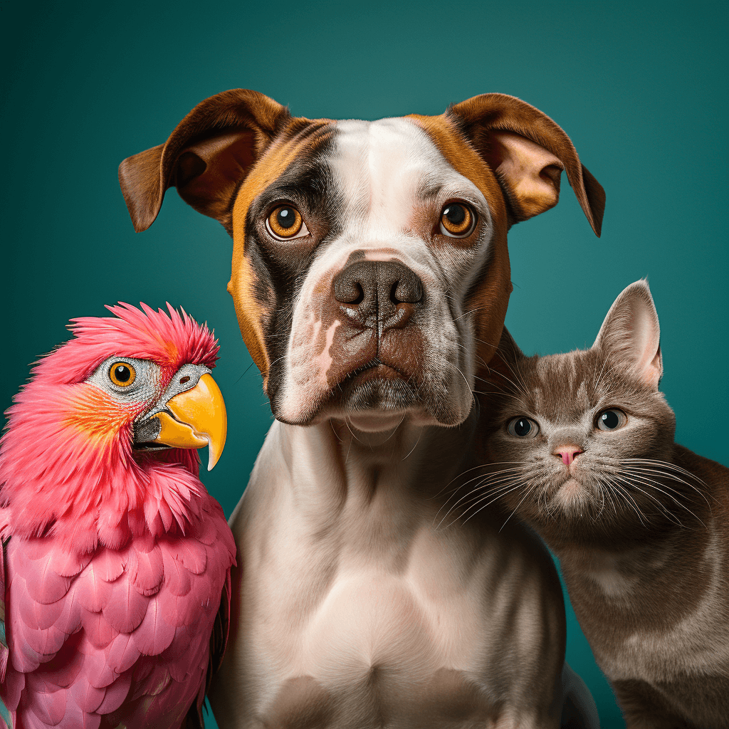 parrot, a dog and a cat posing together for a photo