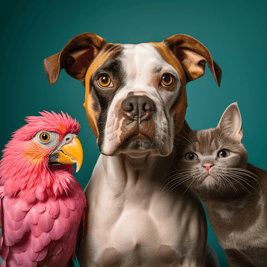 parrot, a dog and a cat posing together for a photo