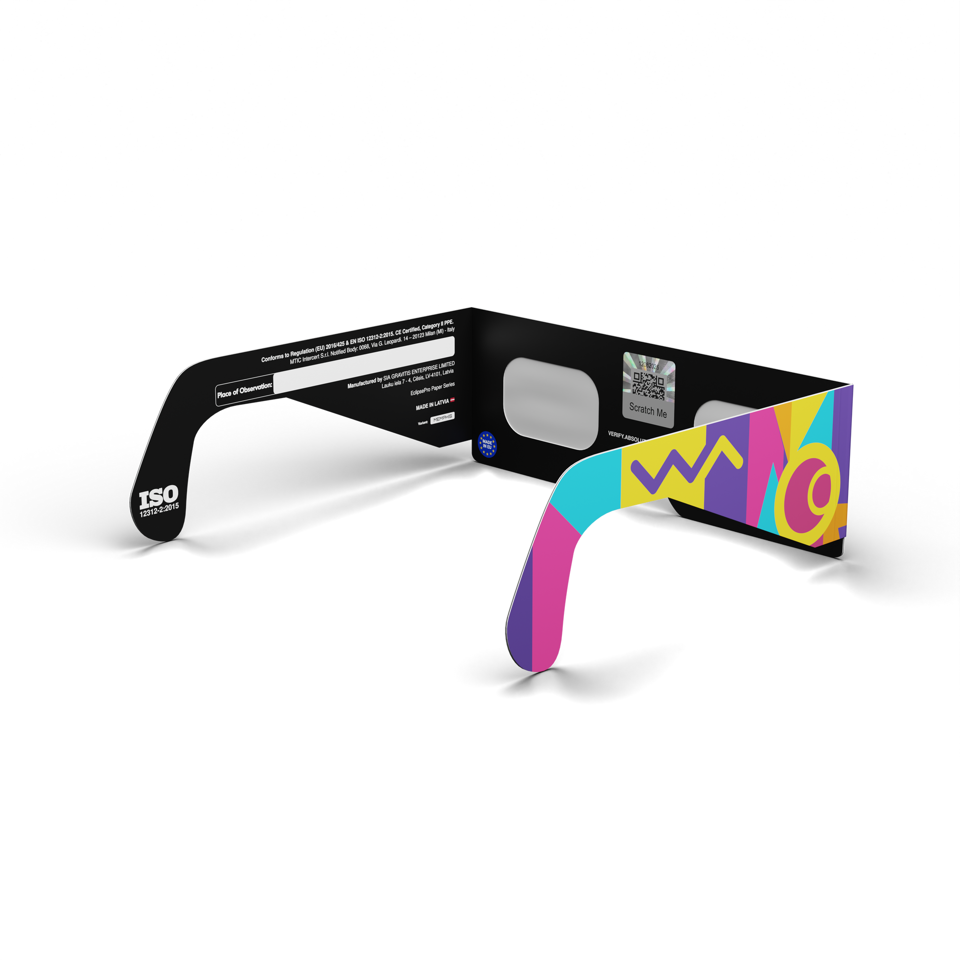 Memphis solar eclipse glasses - 135° angle (transparent background)
