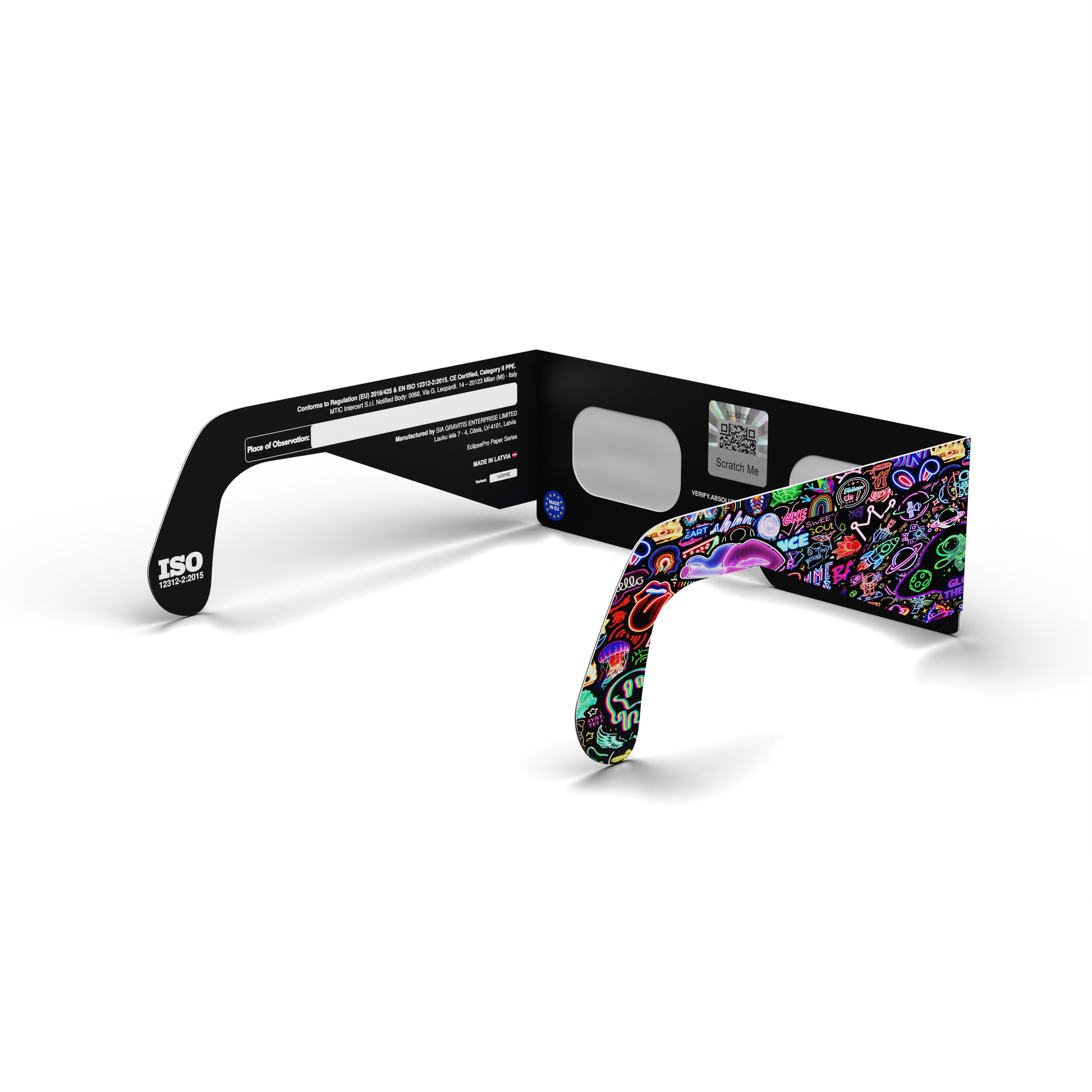Neon solar eclipse glasses - 135° angle (transparent background)