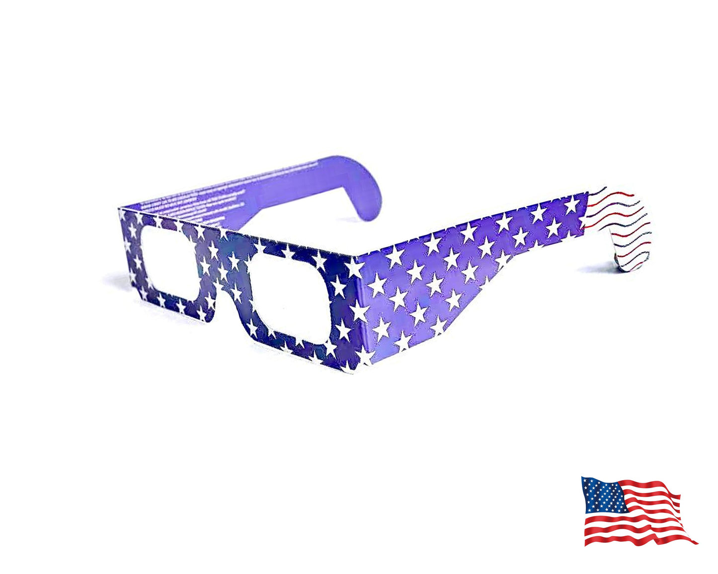 Solar eclipse viewing glasses with white paper frame printed with an American flag motif